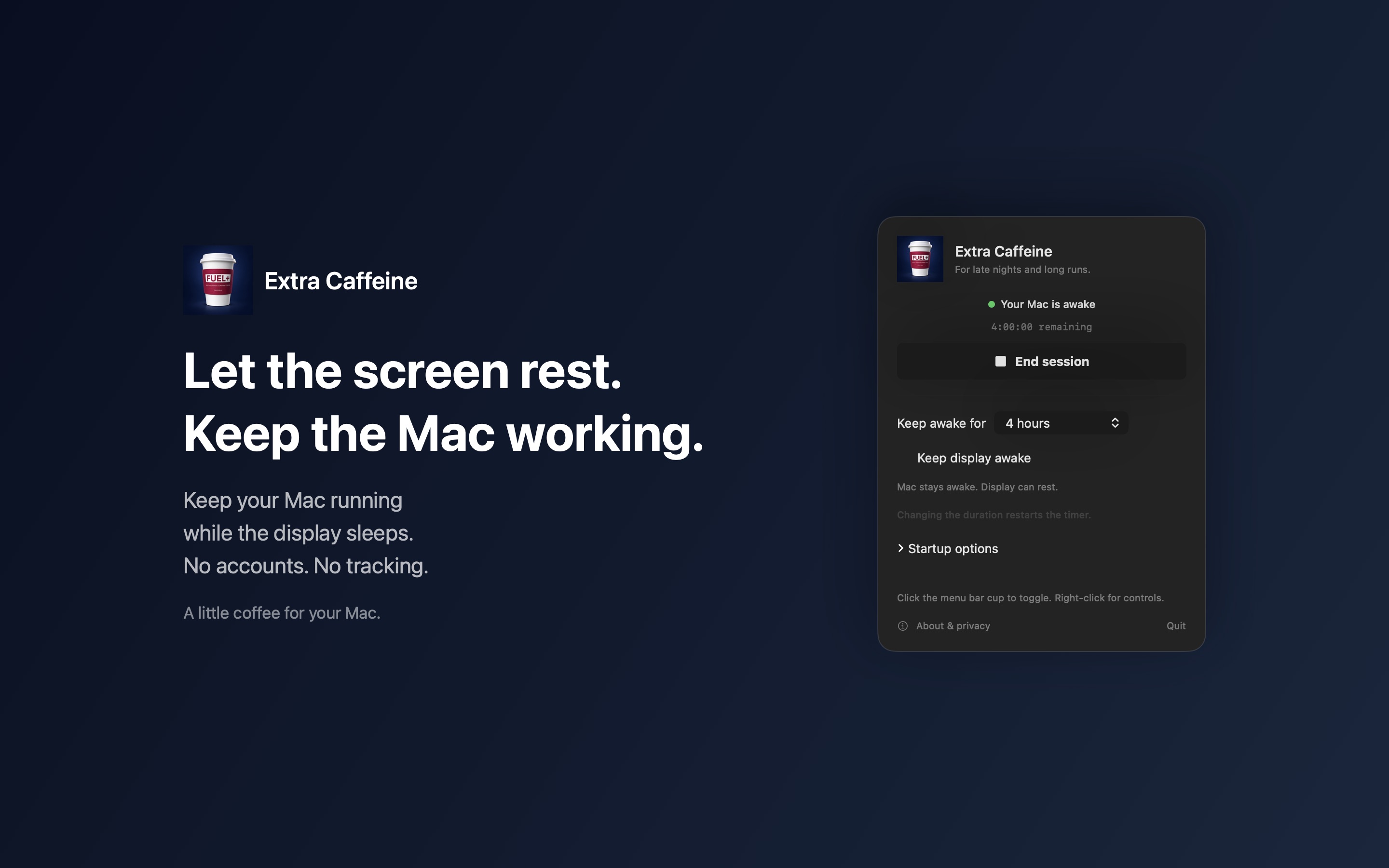 Extra Caffeine screenshot showing an awake Mac with the display allowed to sleep.